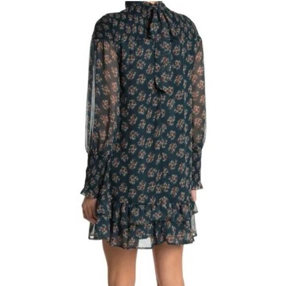 WALTER BAKER MINI DRESS MESSY MOCK FLORAL GREEN RUCHED CUFFS SZ S RUFFLES PREPPY - Picture 2 of 16